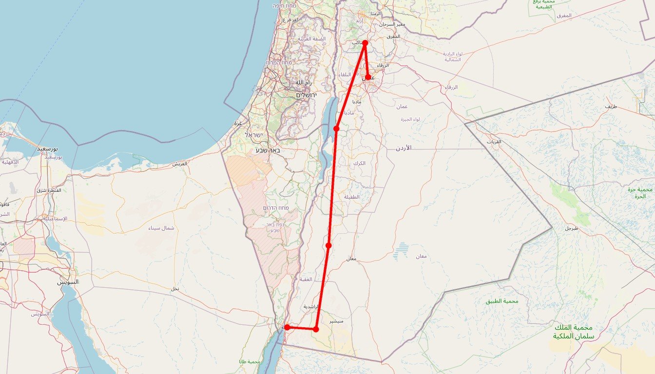 Carte de l'itinéraire du circuit Circuit Le berceau des civilisations en Jordanie