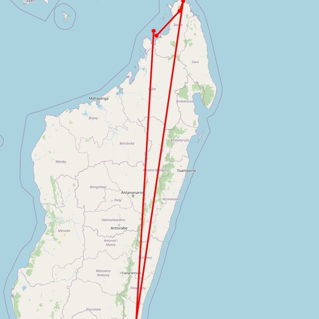 Carte de l'itinéraire du circuit Robinsons des mers du Sud en Madagascar