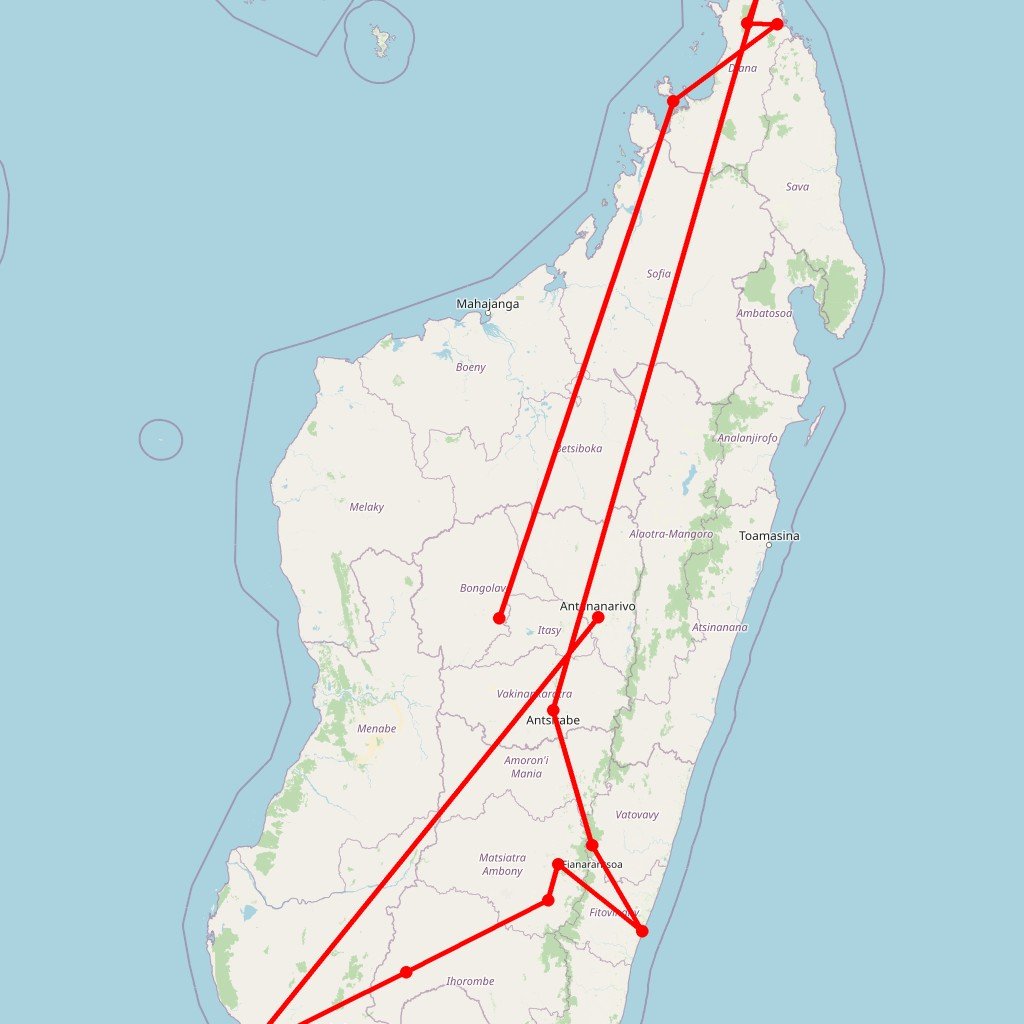 Carte de l'itinéraire du circuit Madagascar sur un plateau en Madagascar