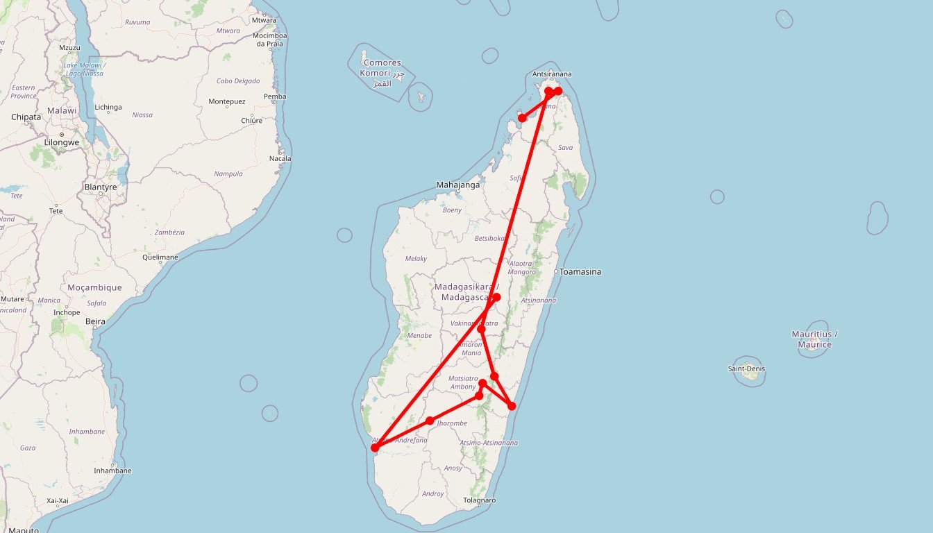 Carte de l'itinéraire du circuit Circuit Madagascar sur un plateau en Madagascar