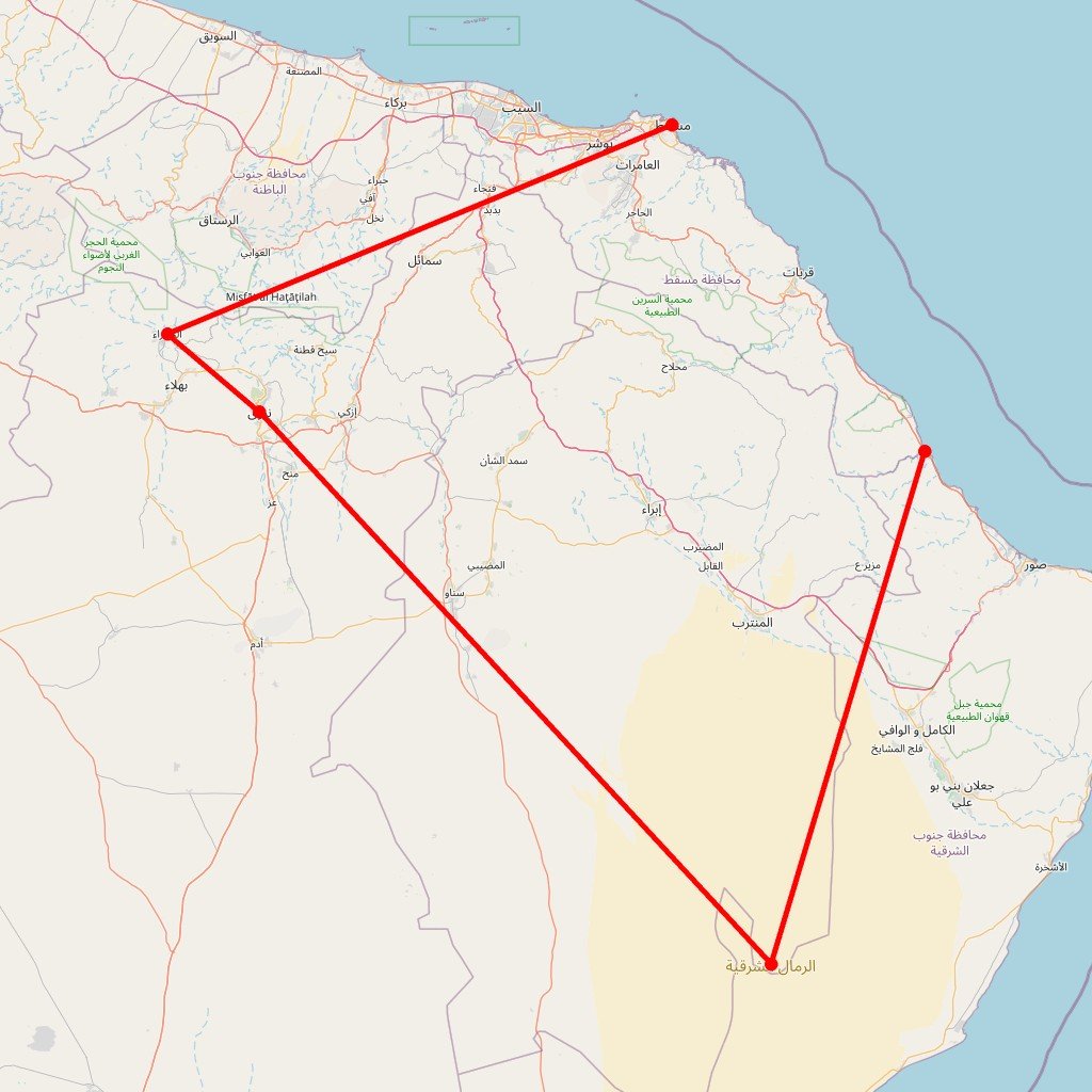Carte de l'itinéraire du circuit Balade entre Canyons et Oasis ! en Oman