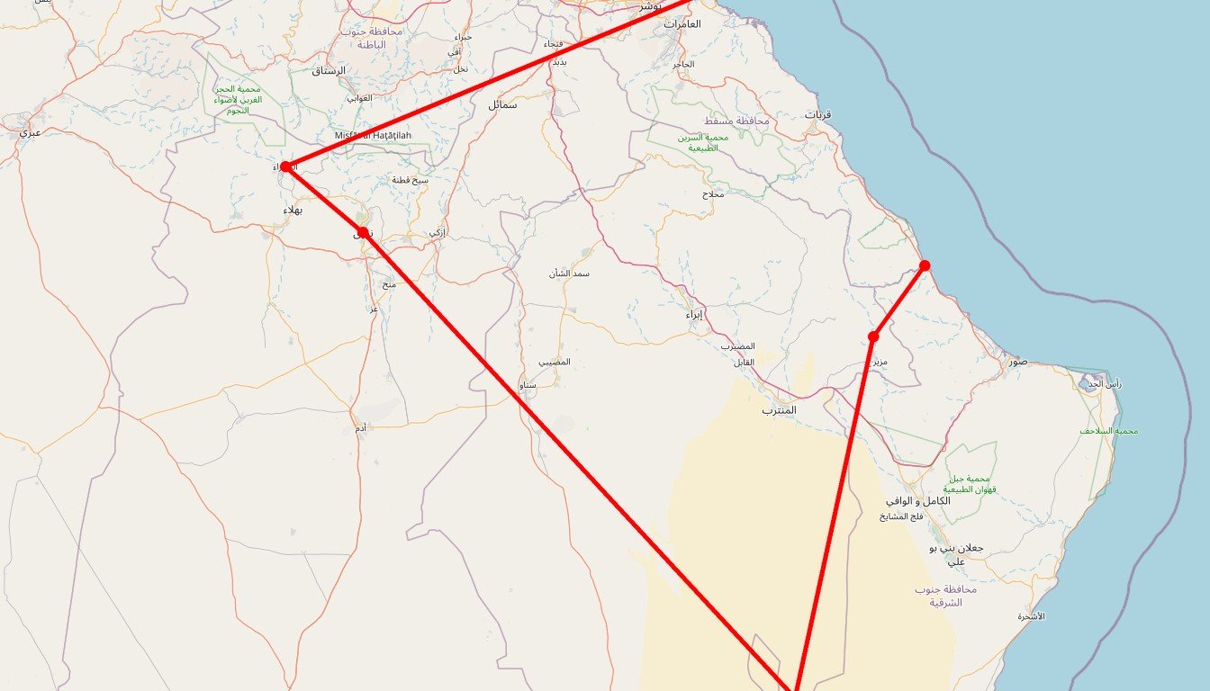 Carte de l'itinéraire du circuit Circuit Balade entre Canyons et Oasis ! en Oman