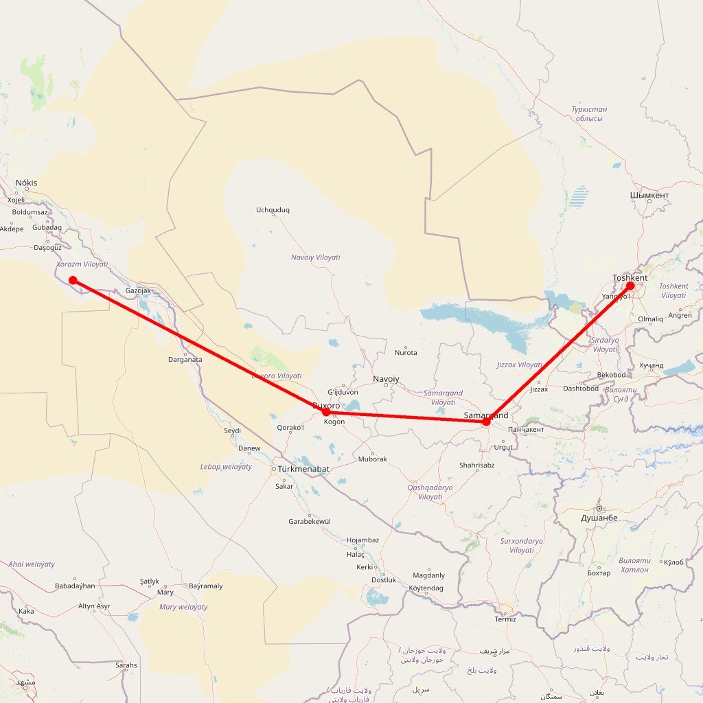 Carte de l'itinéraire du circuit Ouzbékistan en Ouzbékistan