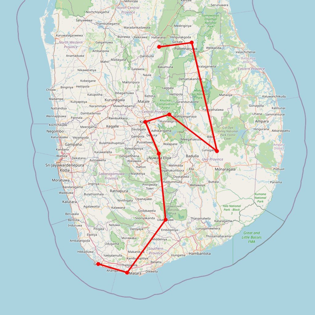 Carte de l'itinéraire du circuit Sri Lanka en famille en Sri Lanka