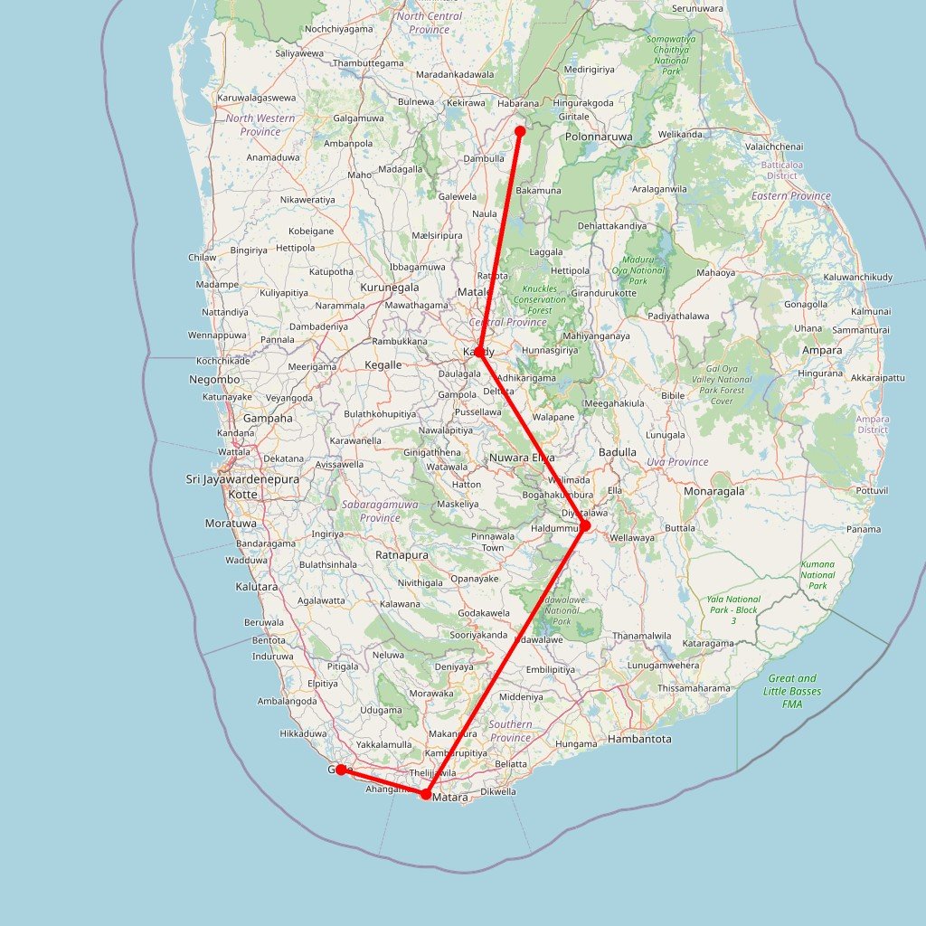 Carte de l'itinéraire du circuit Entre culture et nature en Sri Lanka