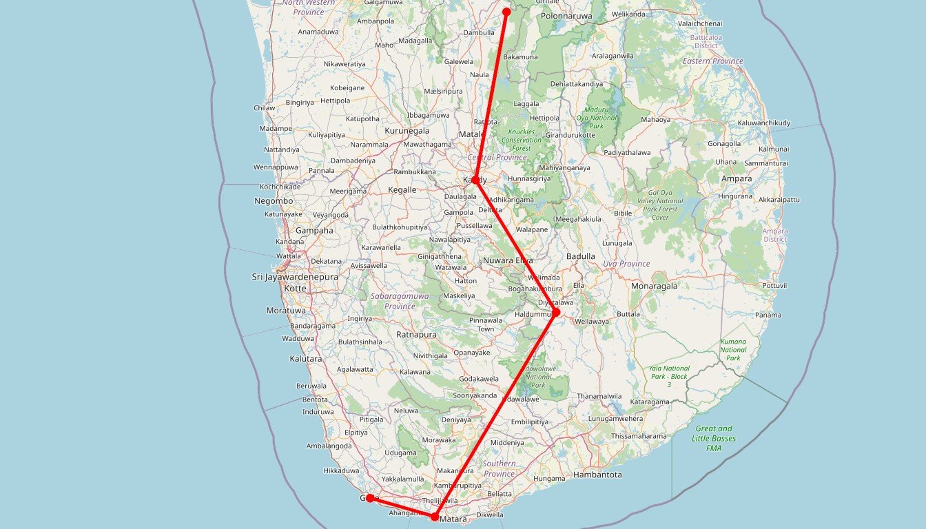 Carte de l'itinéraire du circuit Circuit Entre culture et nature en Sri Lanka