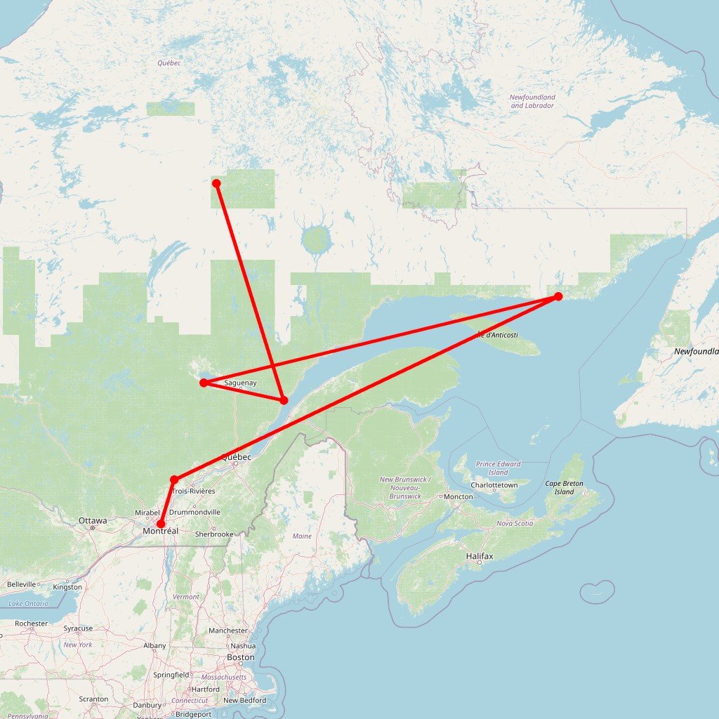 Carte de l'itinéraire du circuit Plus d’un tour dans le Tadoussac en Canada