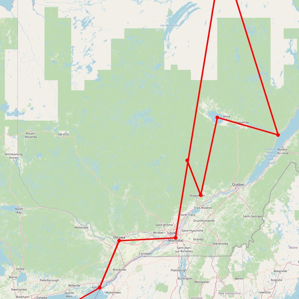Carte de l'itinéraire du circuit Ne rate pas c’te escapade là ! en Canada