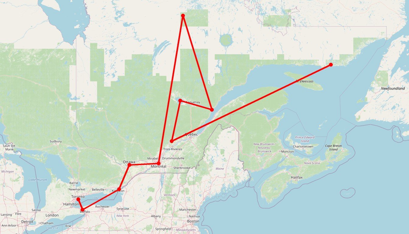 Carte de l'itinéraire du circuit Circuit Ne rate pas c’te escapade là ! en Canada