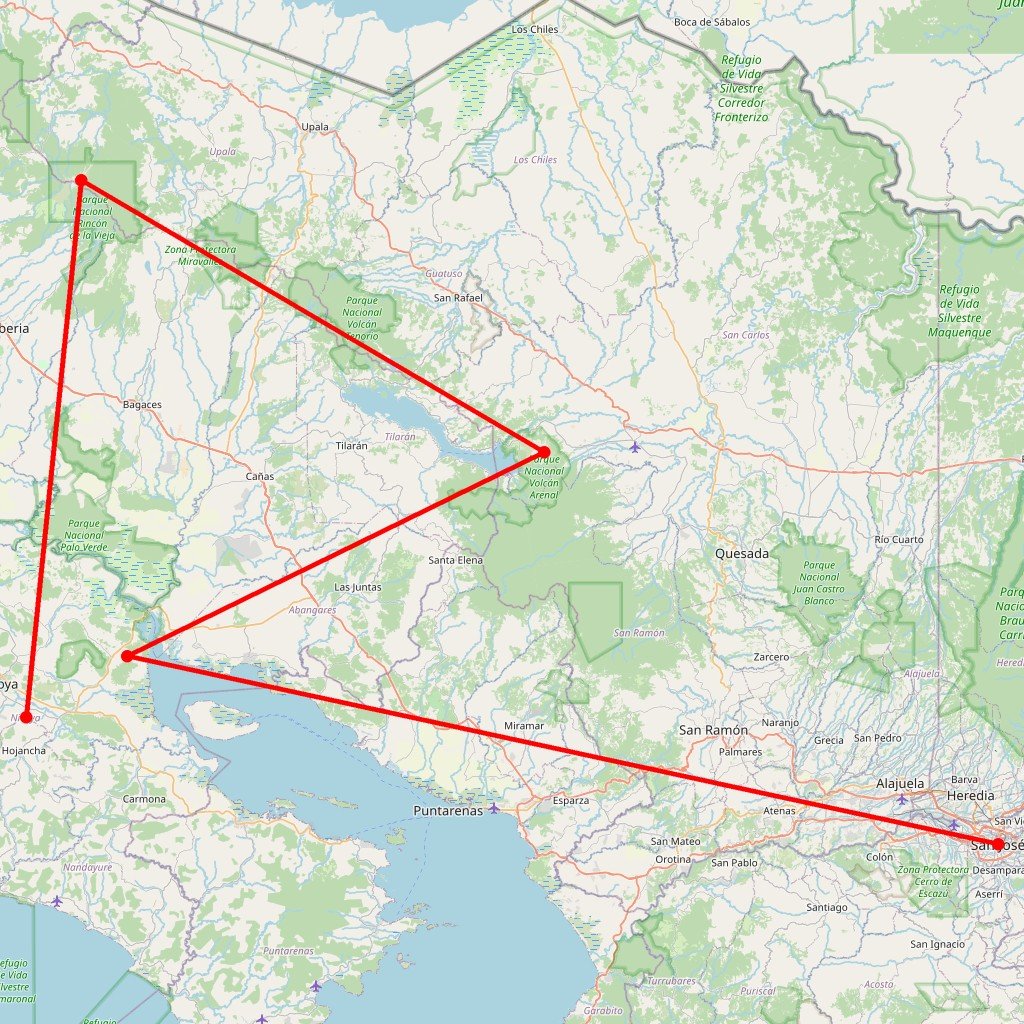 Carte de l'itinéraire du circuit Costa Rica - La Pura Vida! en Costa Rica