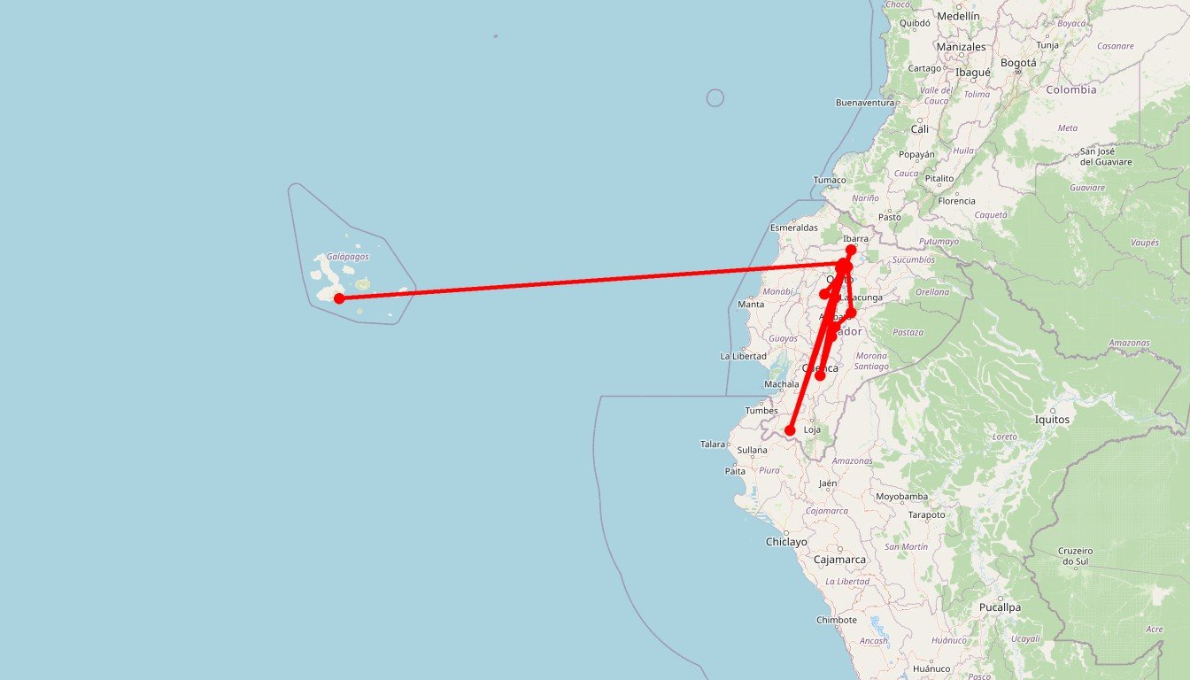 Carte de l'itinéraire du circuit Circuit Des Andes à l'Amazonie en Équateur