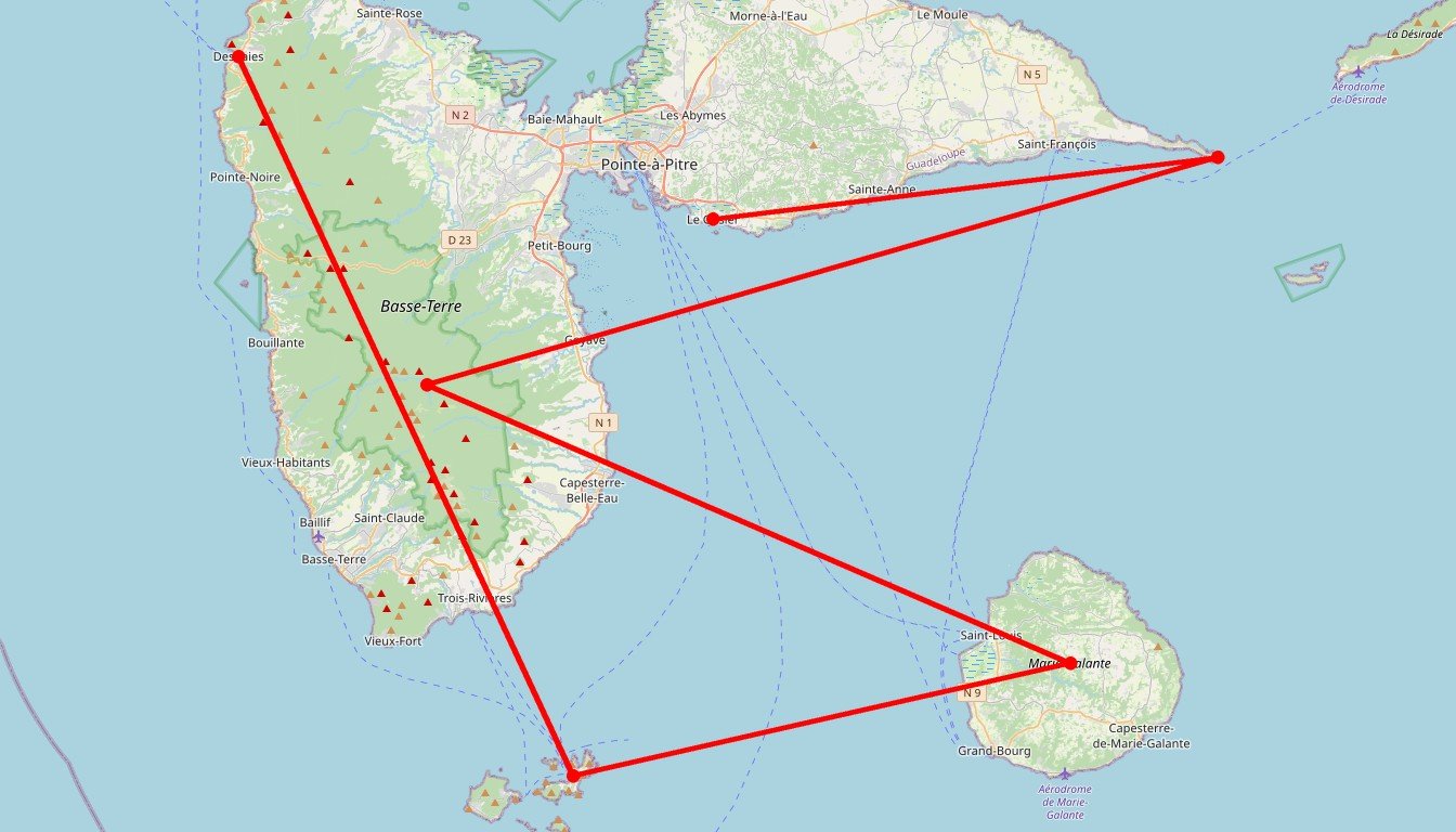 Carte de l'itinéraire du circuit Circuit Tous les chemins mènent au rhum en Guadeloupe