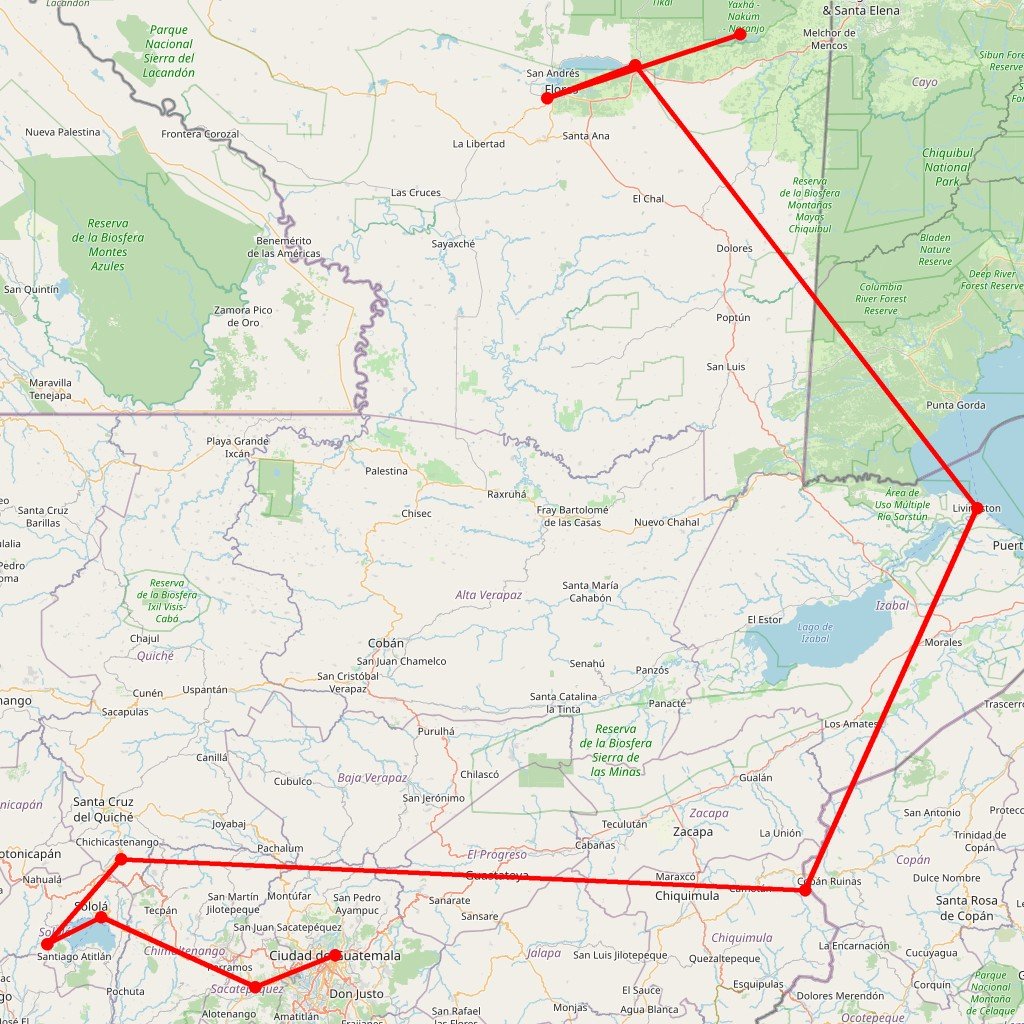 Carte de l'itinéraire du circuit Tu m'as conquis j't'adore ! en Guatemala