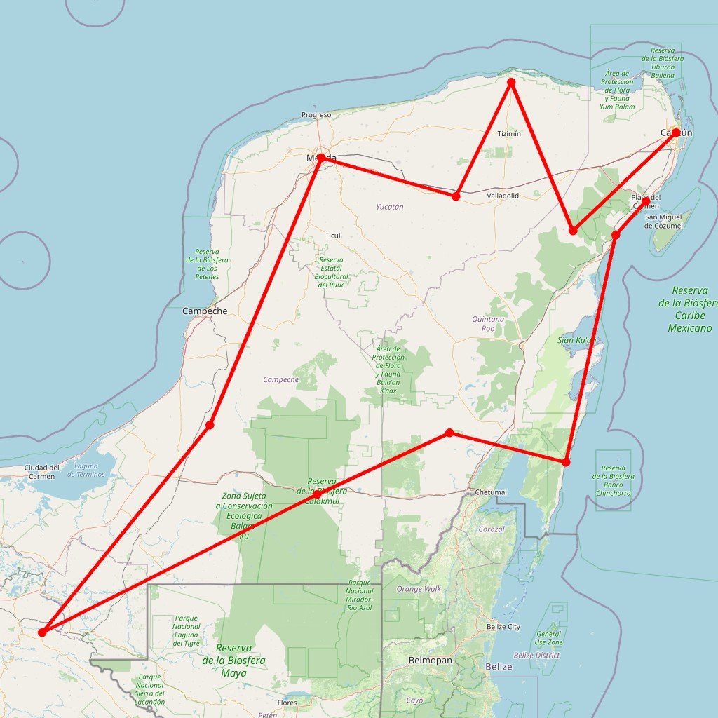 Carte de l'itinéraire du circuit Rendez-vous en Terre Maya! en Mexique