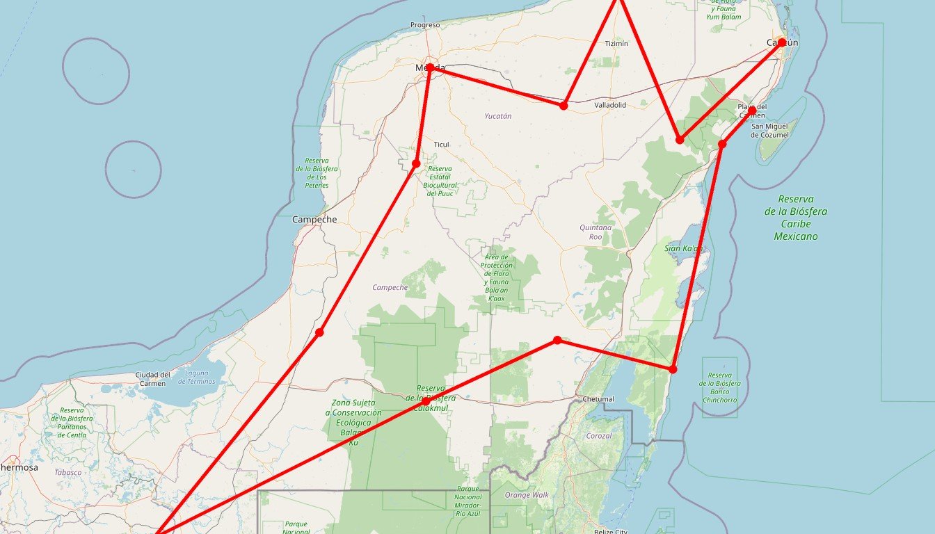 Carte de l'itinéraire du circuit Circuit Rendez-vous en Terre Maya! en Mexique