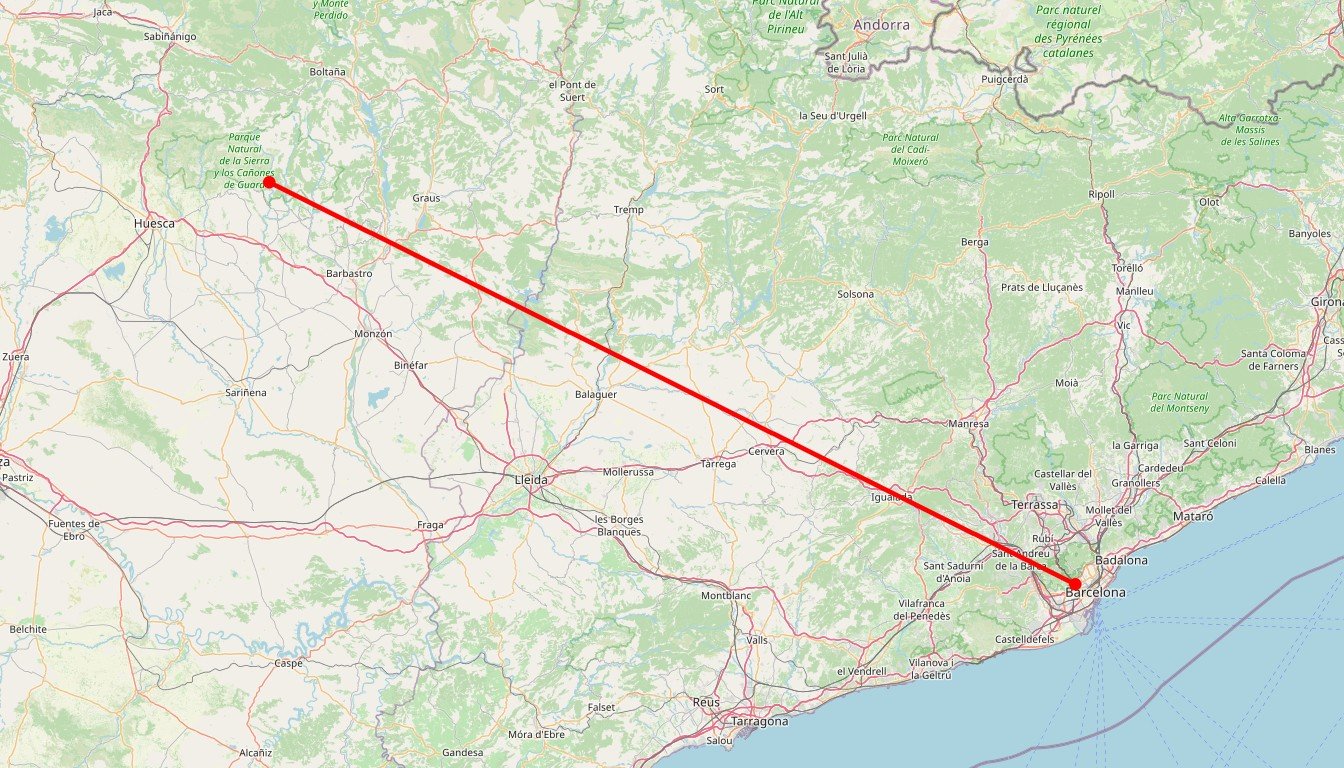 Carte de l'itinéraire du circuit Circuit De canyoning et d’eau fraîche en Espagne