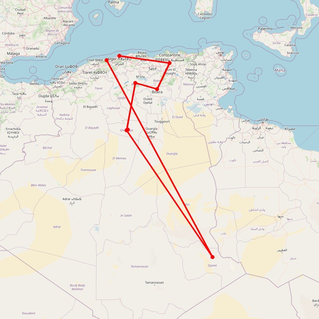 Du Constantinois aux Dunes et Oasis du Sahara - Carte itinéraire