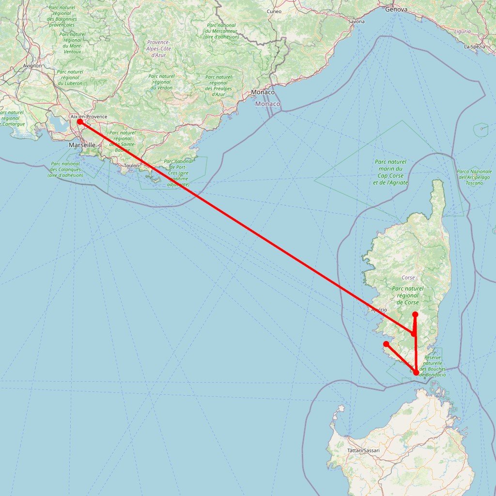 Carte de l'itinéraire du circuit Trésors du sud en France