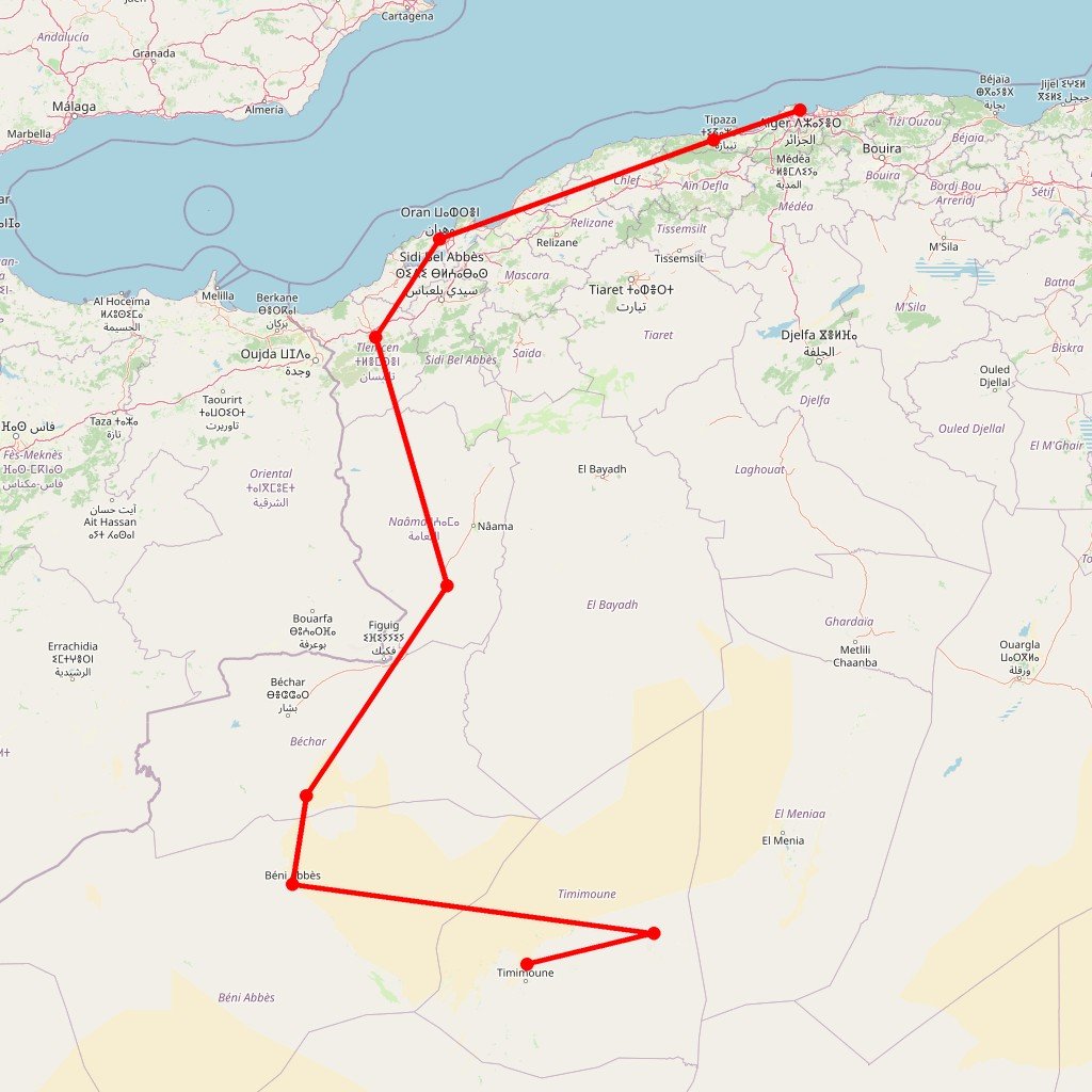 De l’Oranie aux Oasis rouges du sud-ouest - Carte itinéraire