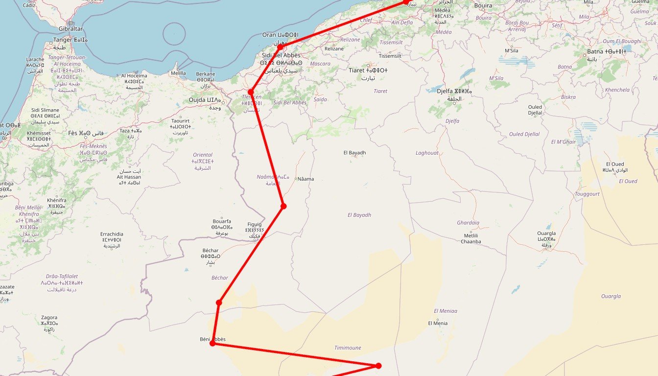 De l’Oranie aux Oasis rouges du sud-ouest - Carte itinéraire