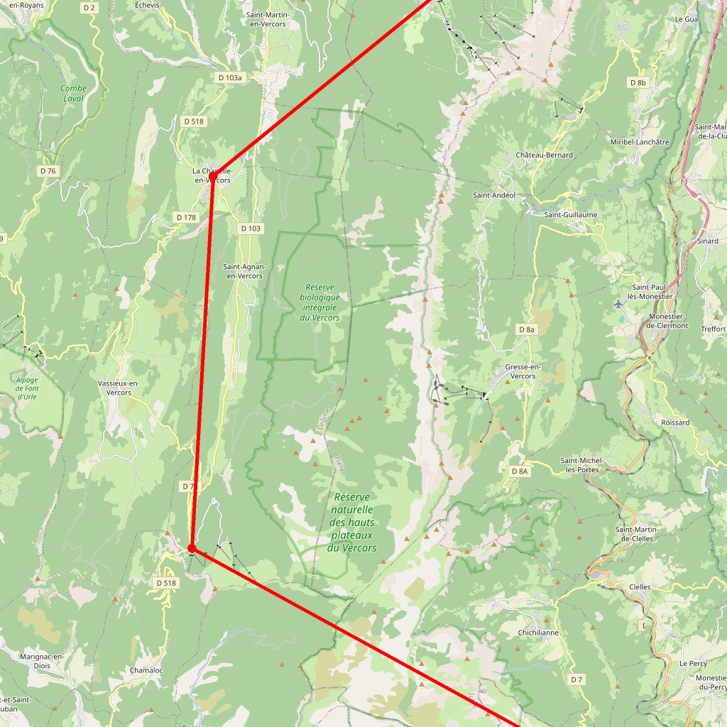 Carte de l'itinéraire du circuit Traversée du Vercors en raquettes en France