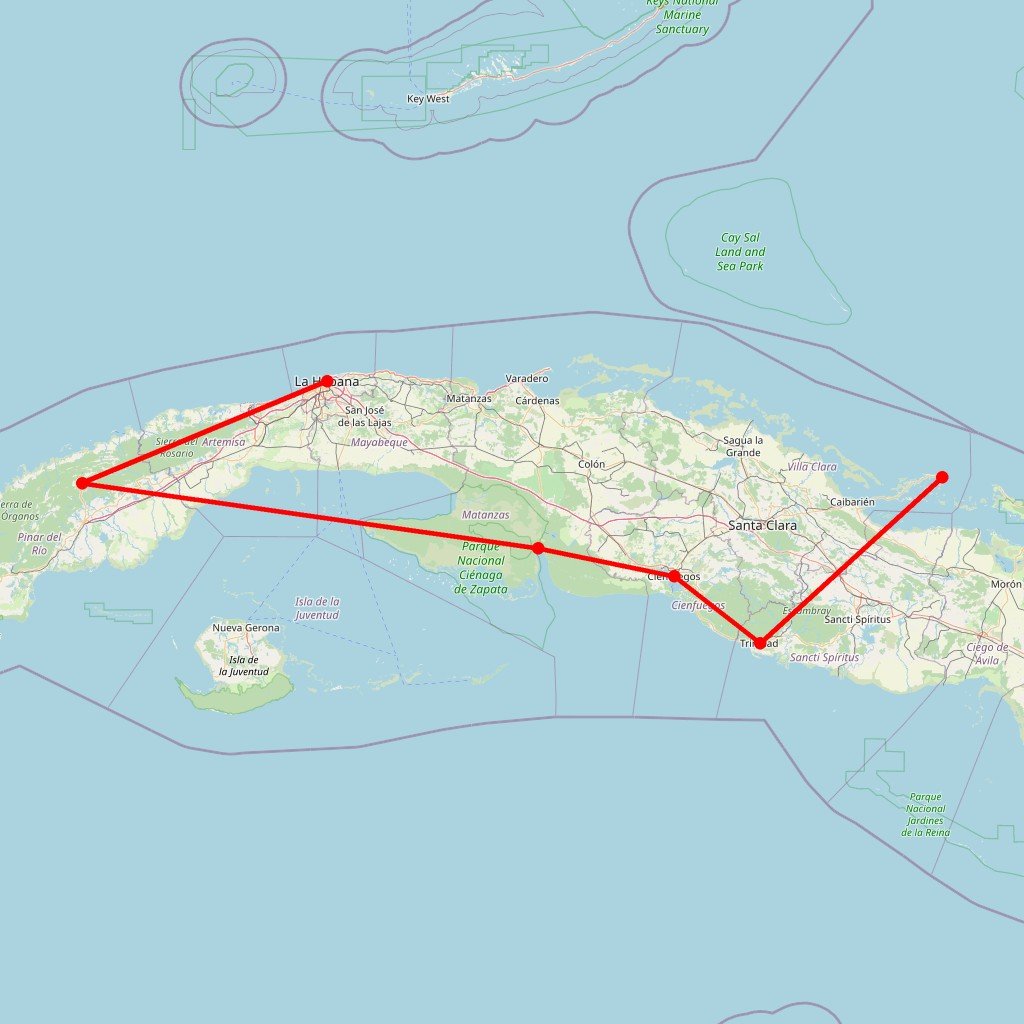 Carte de l'itinéraire du autotour Cuba en famille en Cuba