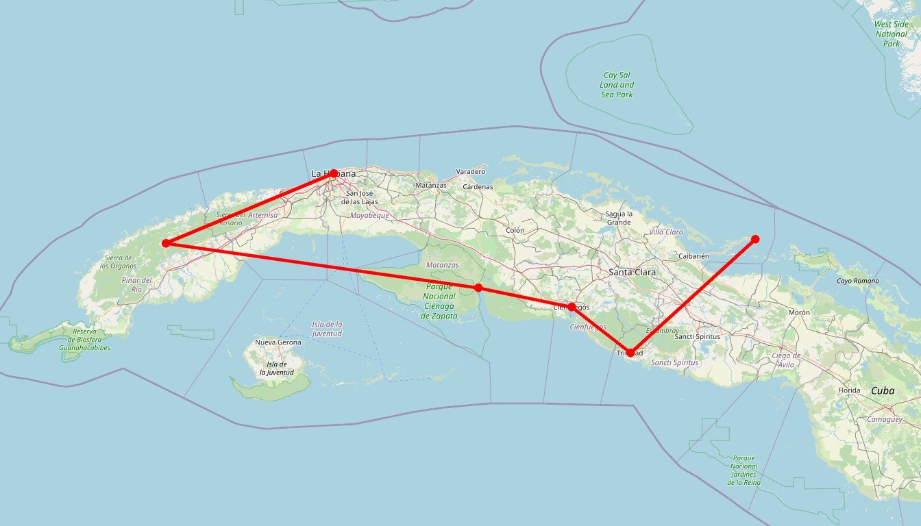 Carte de l'itinéraire du circuit Autotour Cuba en famille en Cuba