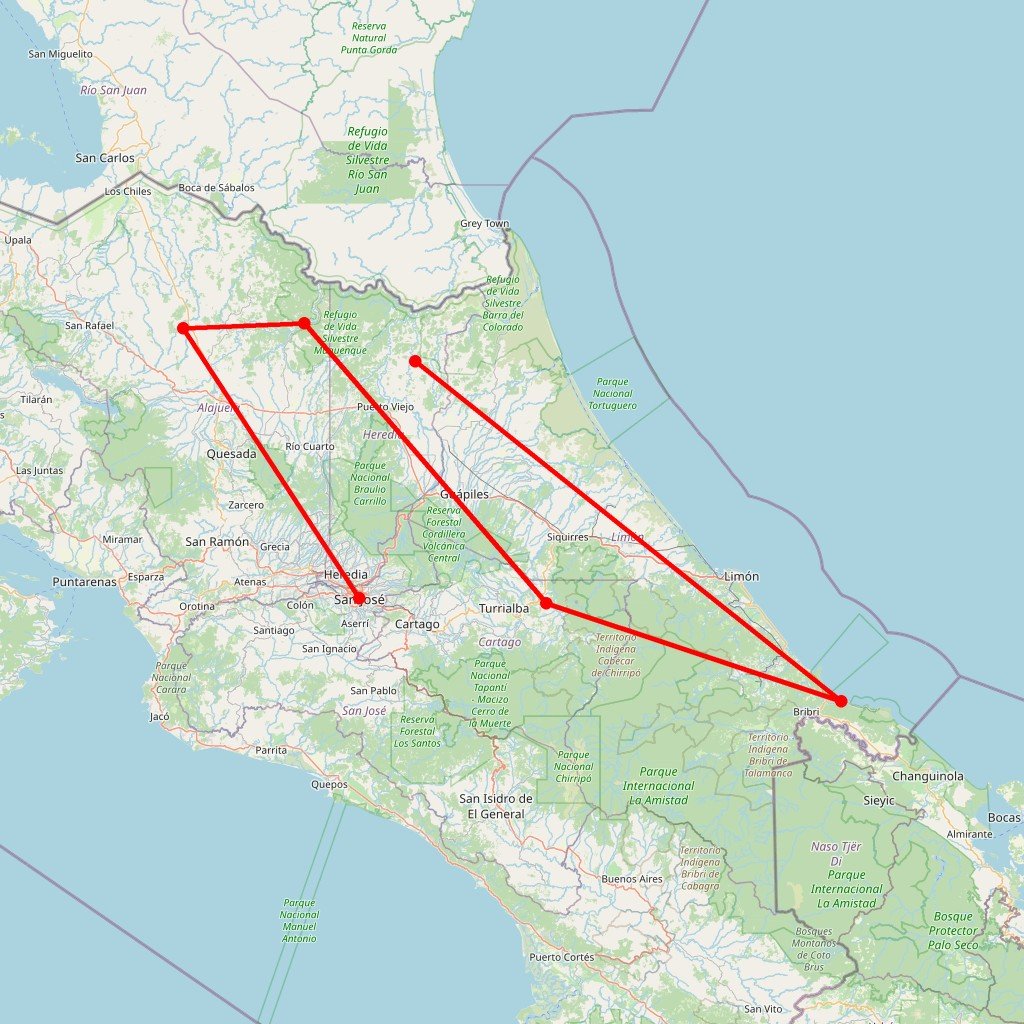 Carte de l'itinéraire du autotour Costa Rica en famille en Costa Rica