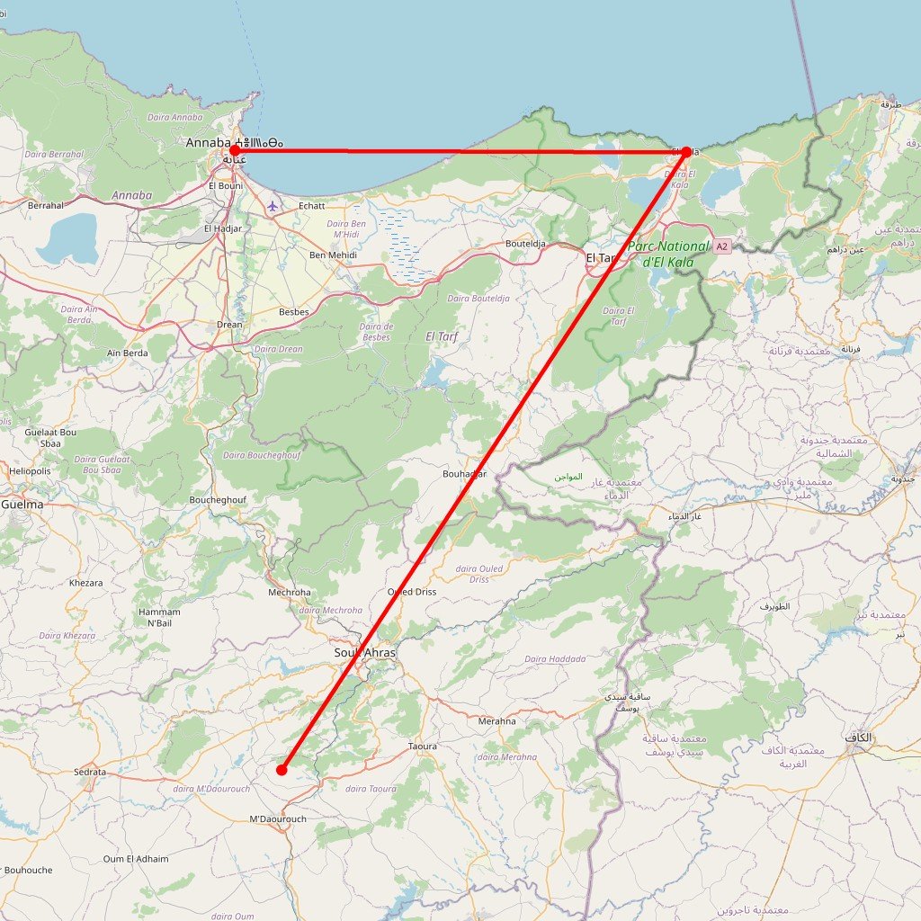 Annaba, Souk Ahras et El Kala - Carte itinéraire