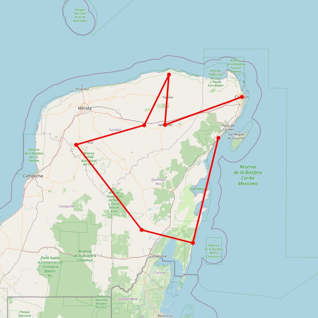 Carte de l'itinéraire du autotour chez les Mayas en Mexique