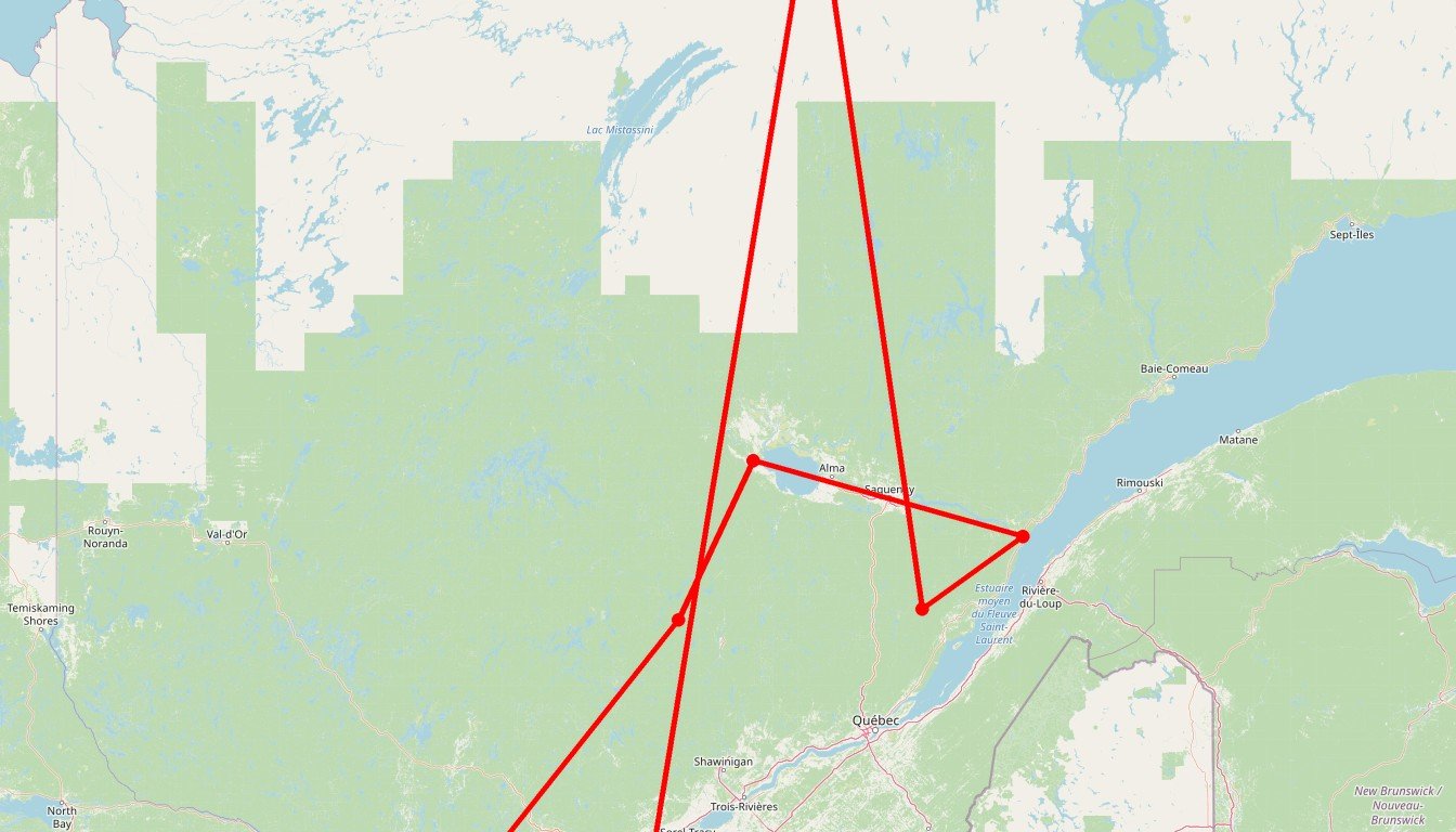 Carte de l'itinéraire du circuit Autotour en famille au Québec en Canada