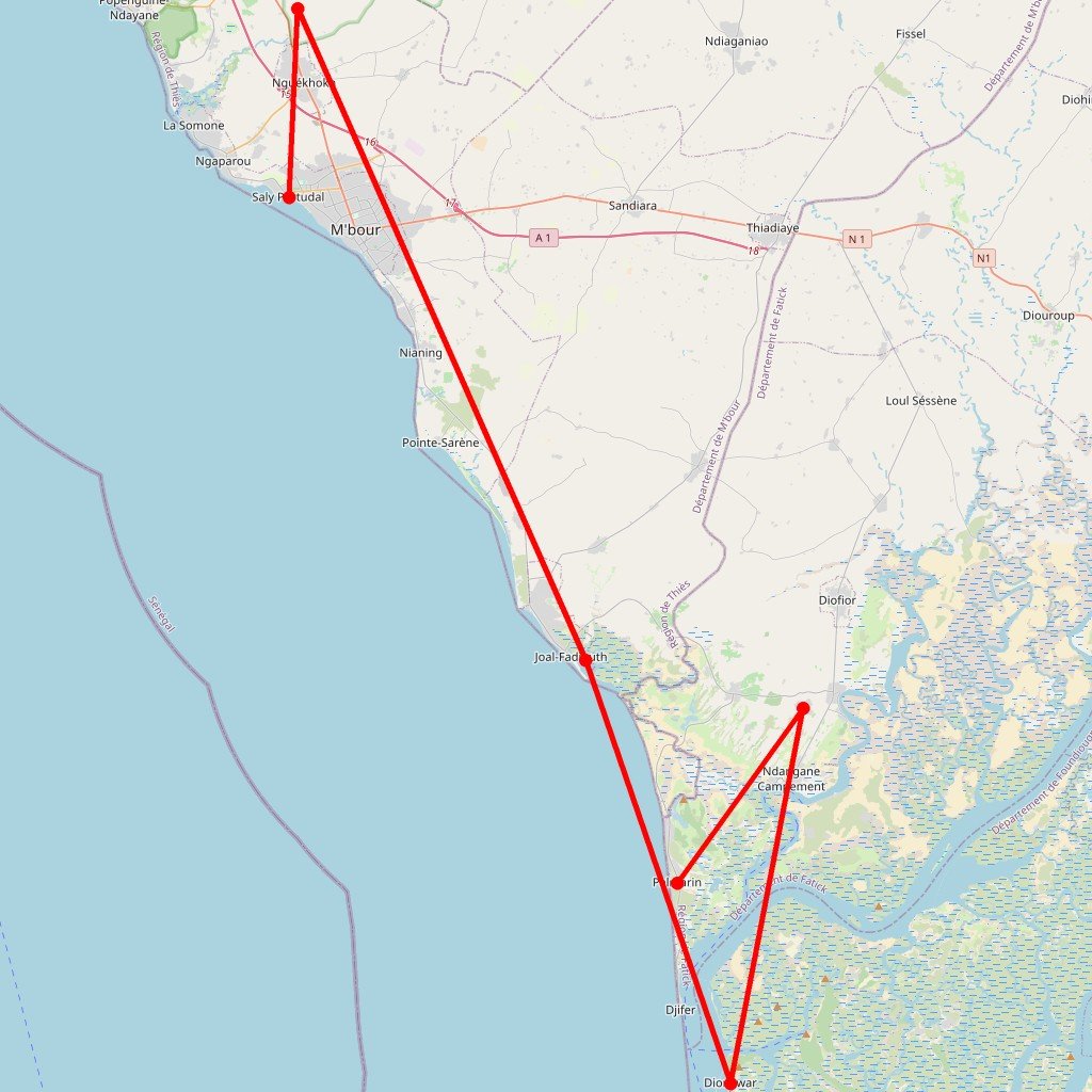 Carte de l'itinéraire du autotour Des souvenirs à volonté en Sénégal