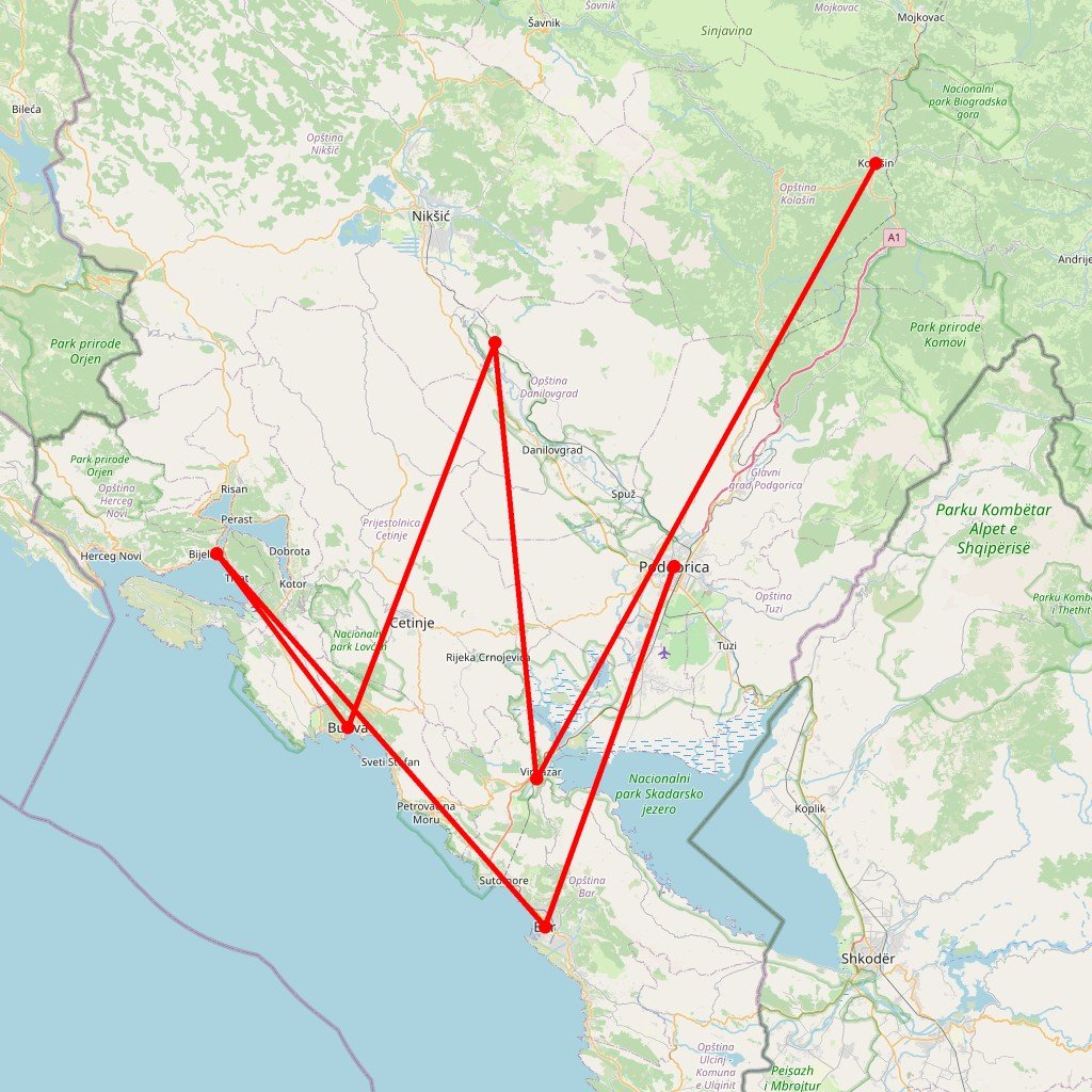 Carte de l'itinéraire du autotour Perle de la mer Adriatique en Monténégro