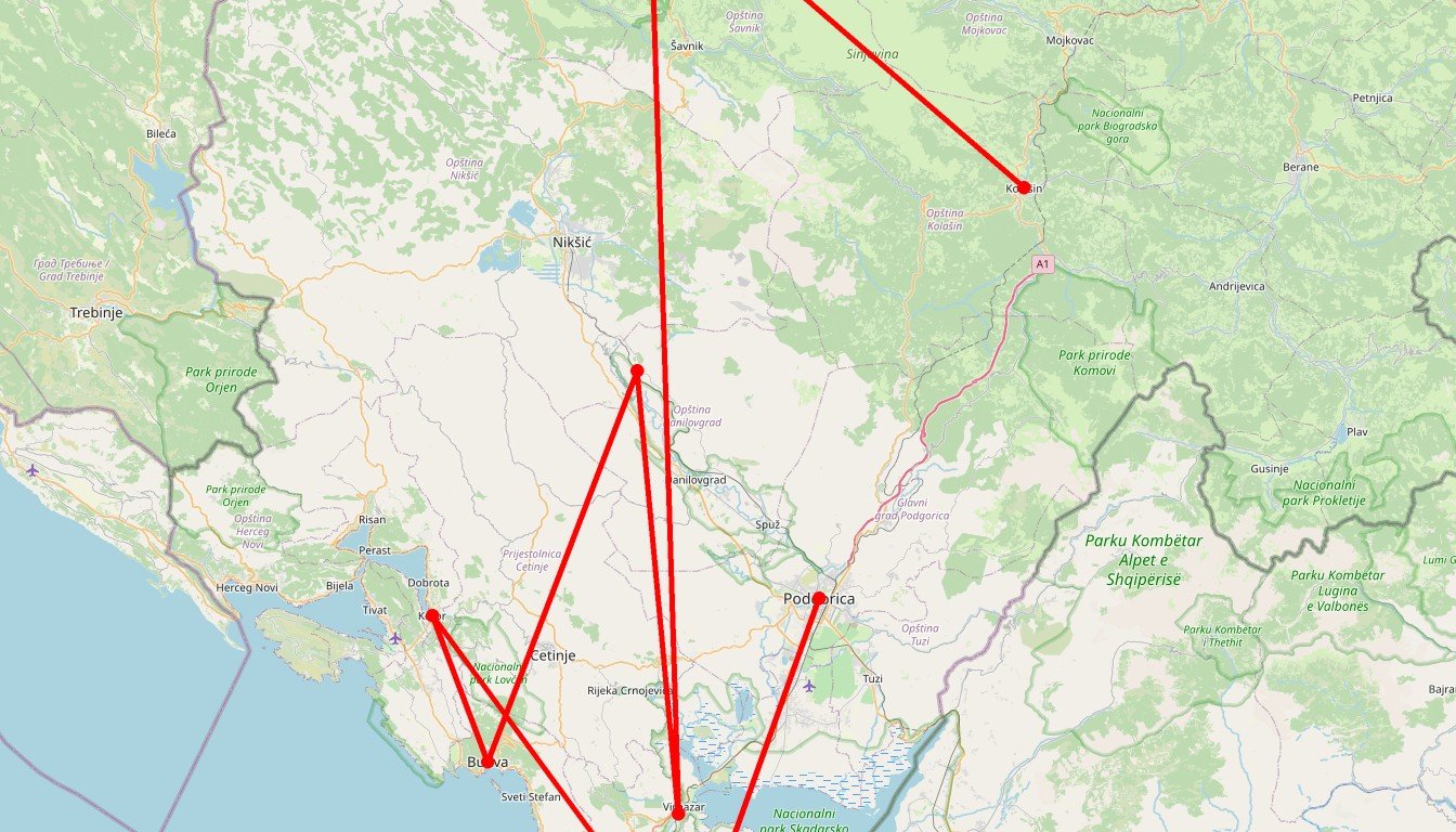 Carte de l'itinéraire du circuit Autotour Perle de la mer Adriatique en Monténégro
