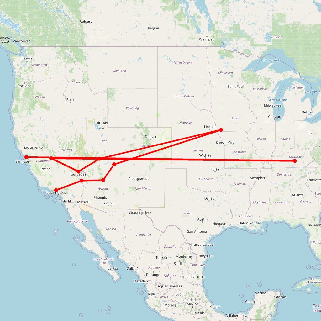 Carte de l'itinéraire du autotour On the road again en États-Unis