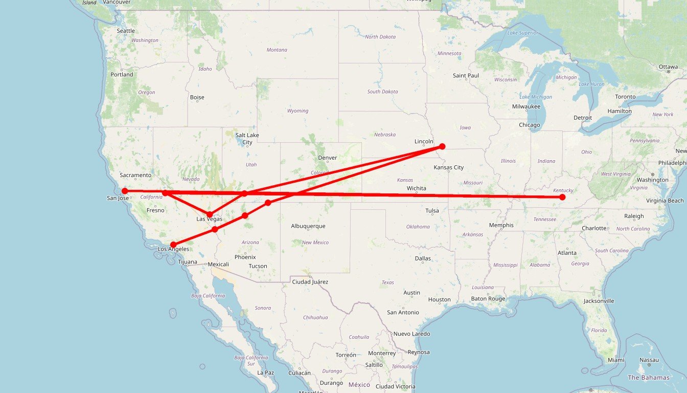 Carte de l'itinéraire du circuit Autotour On the road again en États-Unis