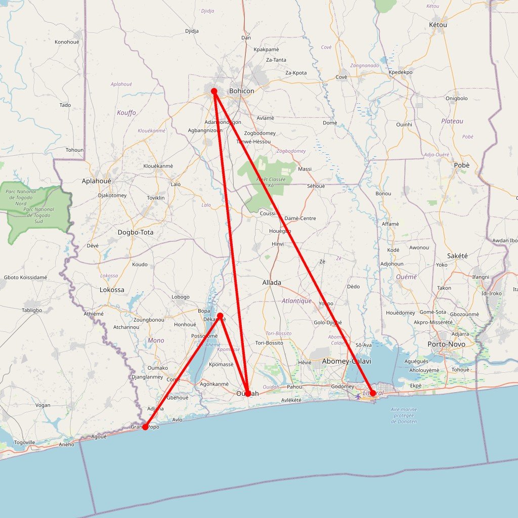 Carte de l'itinéraire du circuit Aventure insolite au sud béninois : rencontres, rites et villages lacustres en Bénin