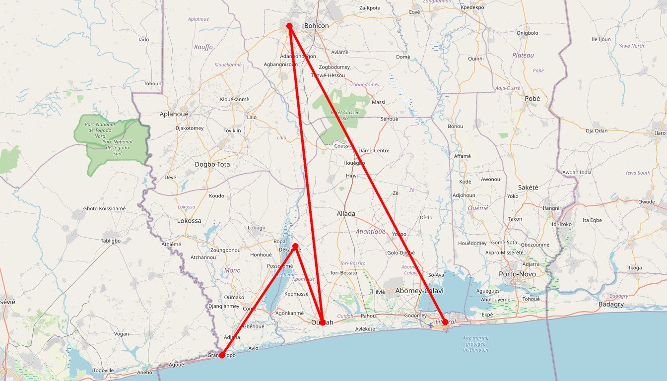 Carte de l'itinéraire du circuit Circuit Aventure insolite au sud béninois : rencontres, rites et villages lacustres en Bénin