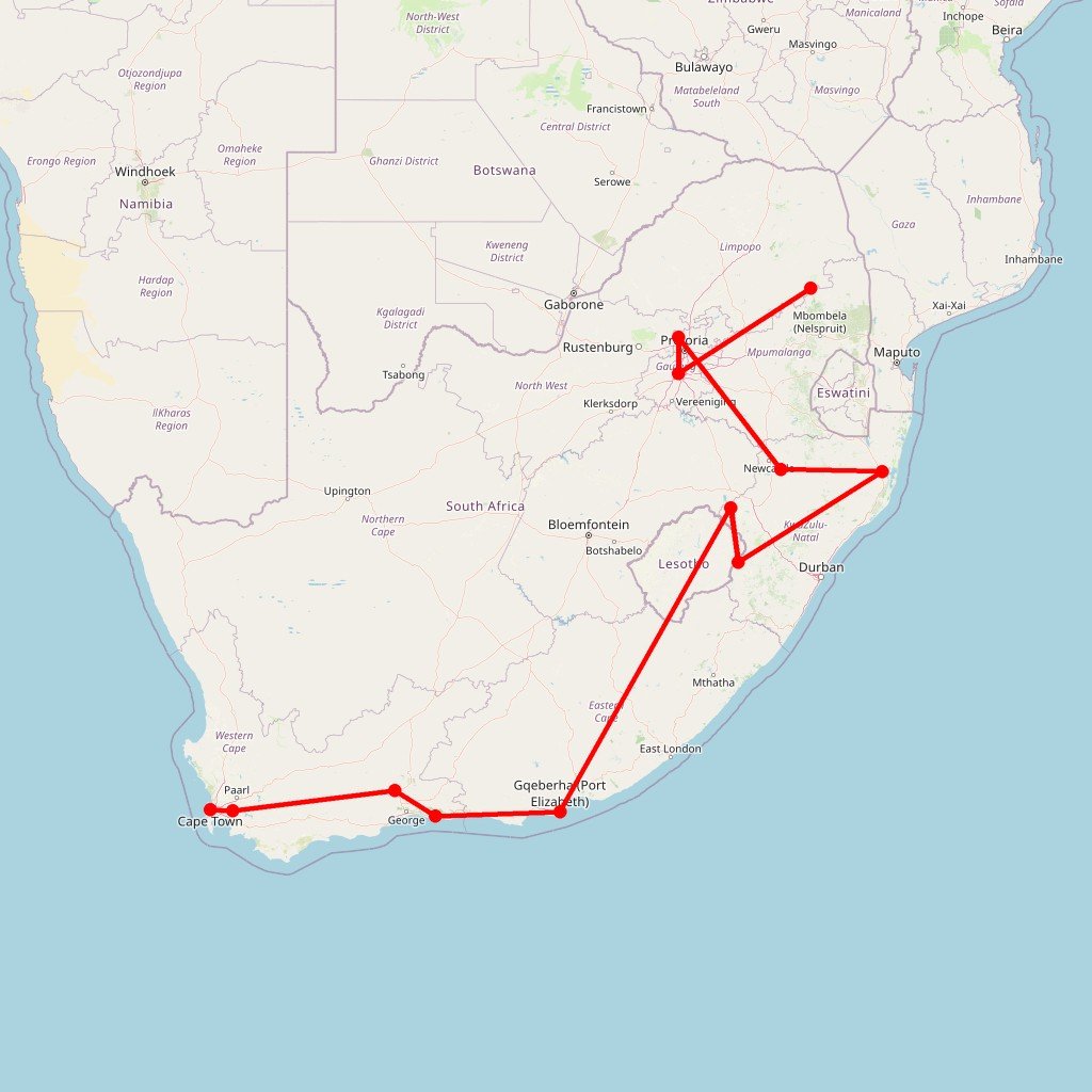 Carte de l'itinéraire du circuit Cap vers Kruger : itinéraire complet entre panoramas époustouflants, safaris et rencontres culturelles authentiques en Afrique du Sud