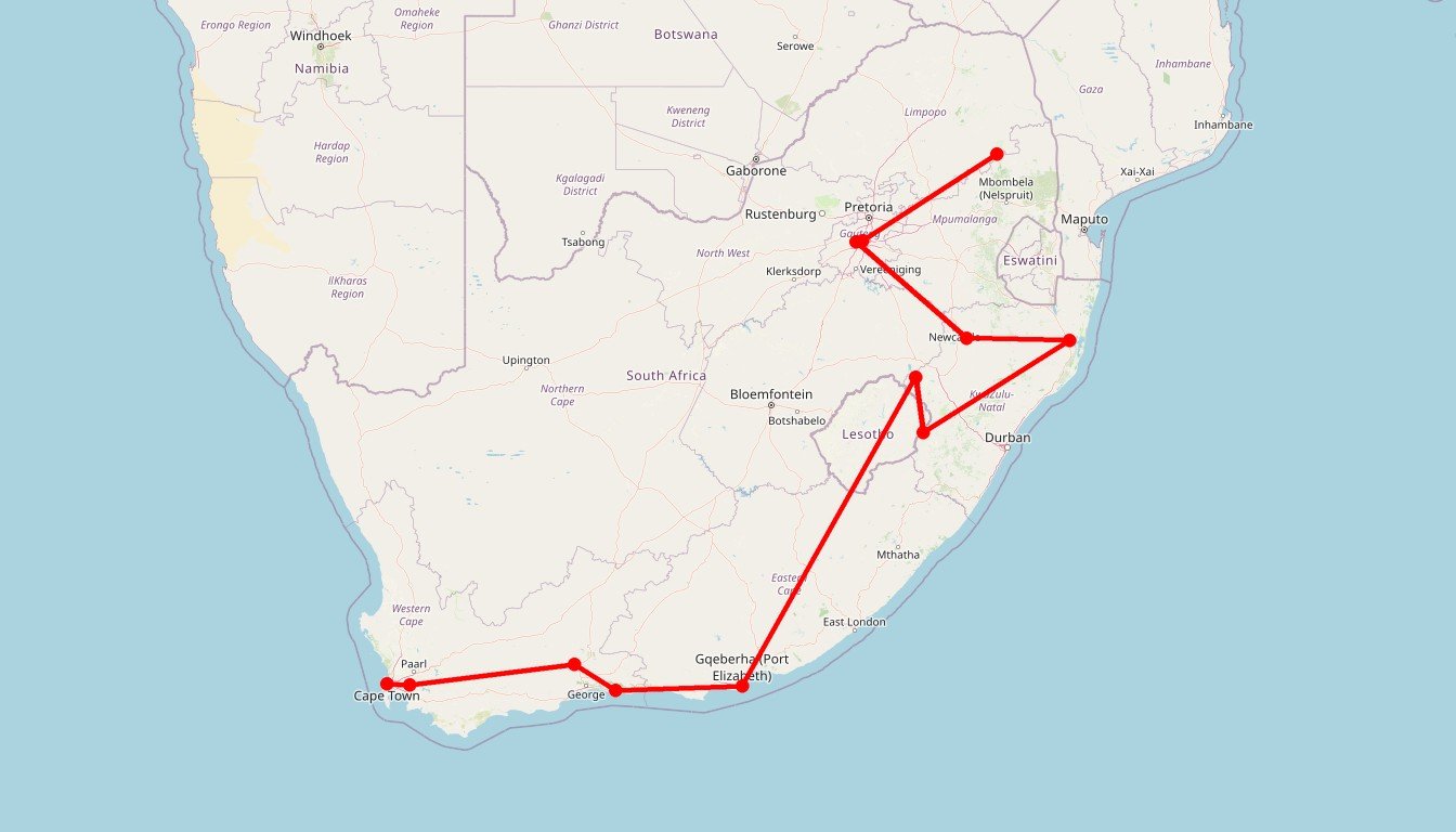Carte de l'itinéraire du circuit Circuit Cap vers Kruger : itinéraire complet entre panoramas époustouflants, safaris et rencontres culturelles authentiques en Afrique du Sud