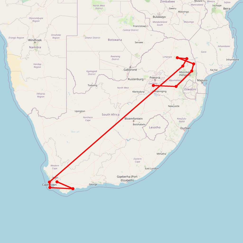Carte de l'itinéraire du circuit sud-africain : 15 jours d'aventure du Kruger au Cap via le Blyde River Canyon en Afrique du Sud