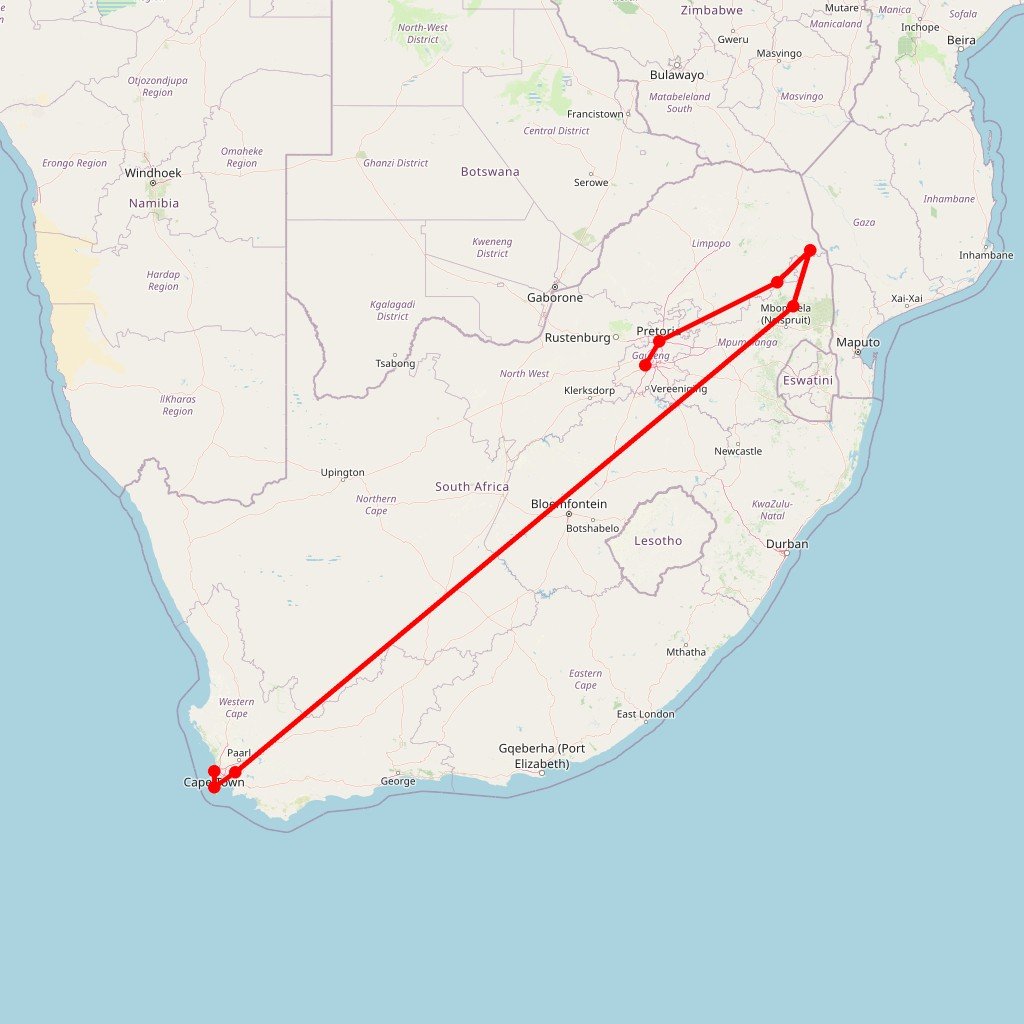 Carte de l'itinéraire du circuit Saveurs et safaris en Afrique du Sud : itinéraire captivant de Cape Town à Johannesburg en Afrique du Sud