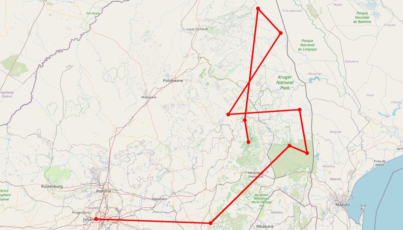 Carte de l'itinéraire du circuit Safari en Afrique du Sud : traversée sud-nord du Kruger en 4x4 avec tente de toit et nuits en pleine brousse en Afrique du Sud
