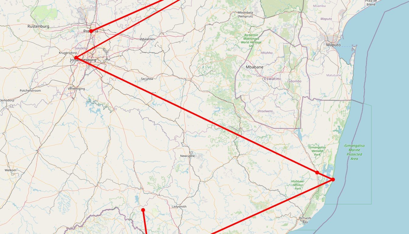 Carte de l'itinéraire du circuit Safari Aventure des Big Five et panoramas luxuriants: Kruger, Blyde Canyon, Drakensberg et les royaumes d'Eswatini et du Lesotho en Afrique du Sud