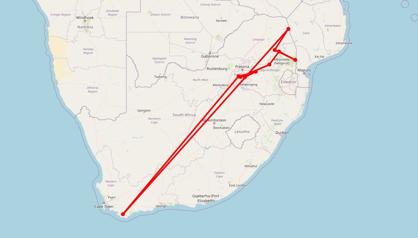 Carte de l'itinéraire du circuit Safari Aventure 4x4: Kruger à Chobe et Chutes Victoria, traversée du Zimbabwe en autotour en Afrique du Sud
