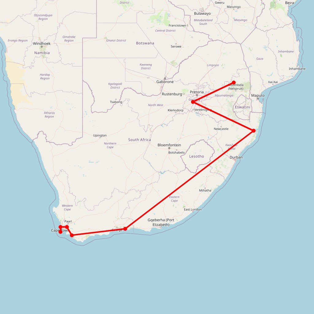 Carte de l'itinéraire du circuit Essentiel de l'Afrique du Sud : safaris, sites incontournables et immersion en Eswatini en Afrique du Sud