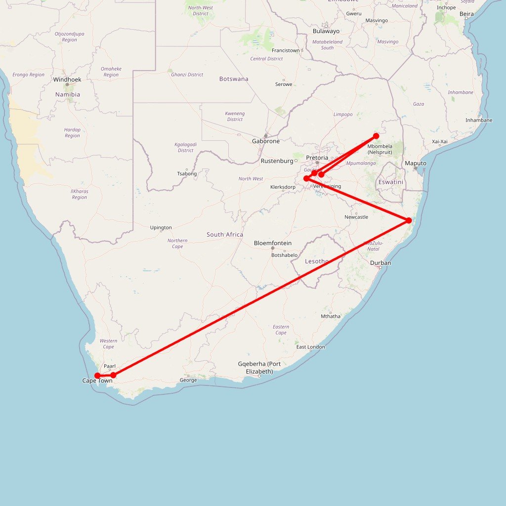 Carte de l'itinéraire du circuit L’essentiel de l’Afrique du Sud et des chutes Victoria : Cap, Hluhluwe, eSwatini, Kruger et Victoria Falls en Afrique du Sud