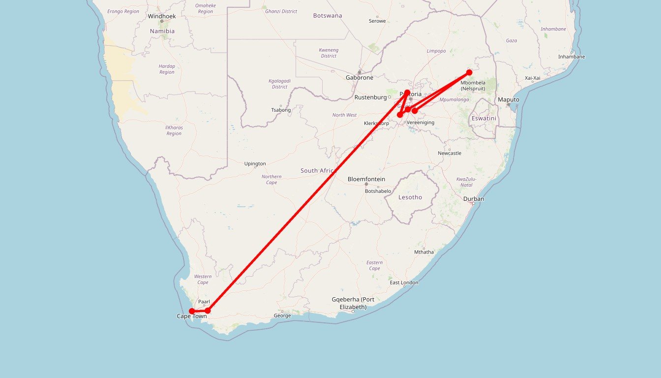 Carte de l'itinéraire du circuit Circuit L’essentiel de l’Afrique du Sud et des chutes Victoria : Cap, Hluhluwe, eSwatini, Kruger et Victoria Falls en Afrique du Sud