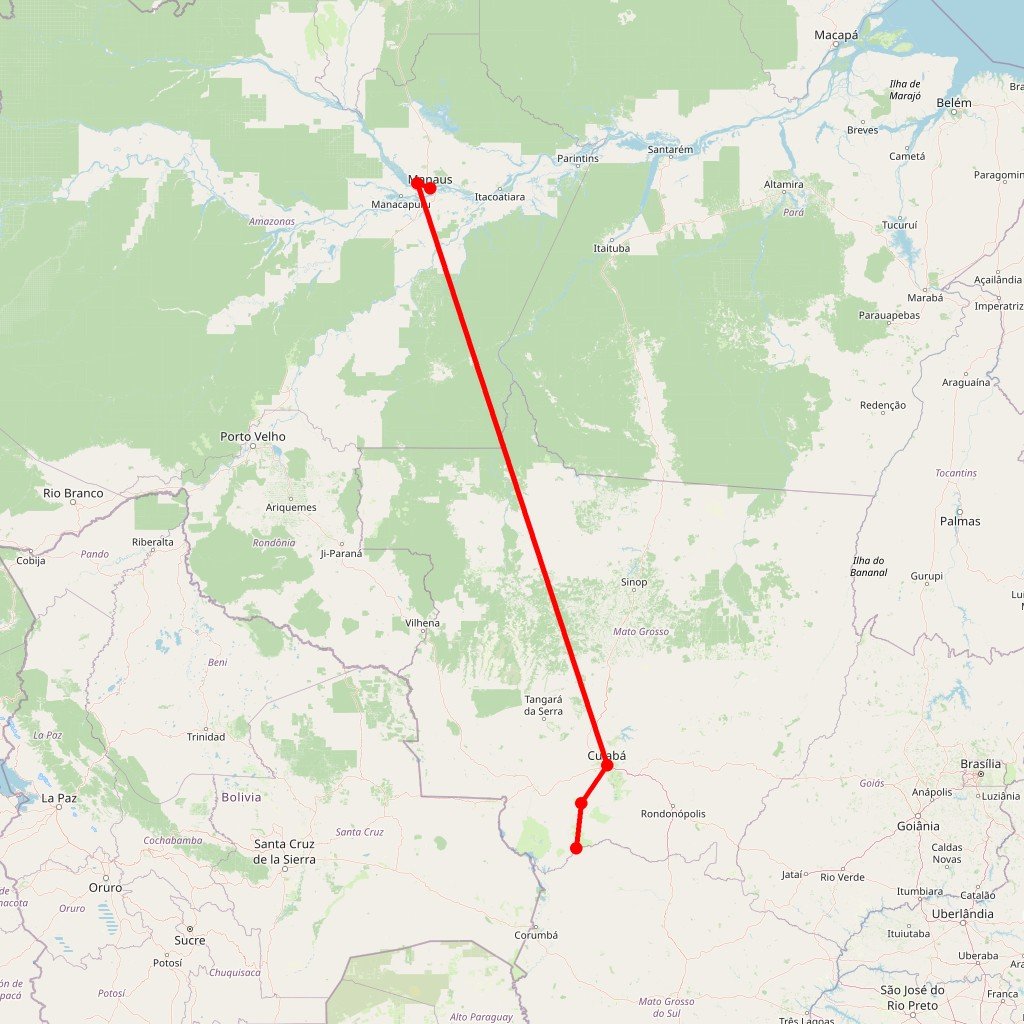 Carte de l'itinéraire du circuit Immersion en Amazonie et Pantanal : trésors de biodiversité et rencontres authentiques en Brésil