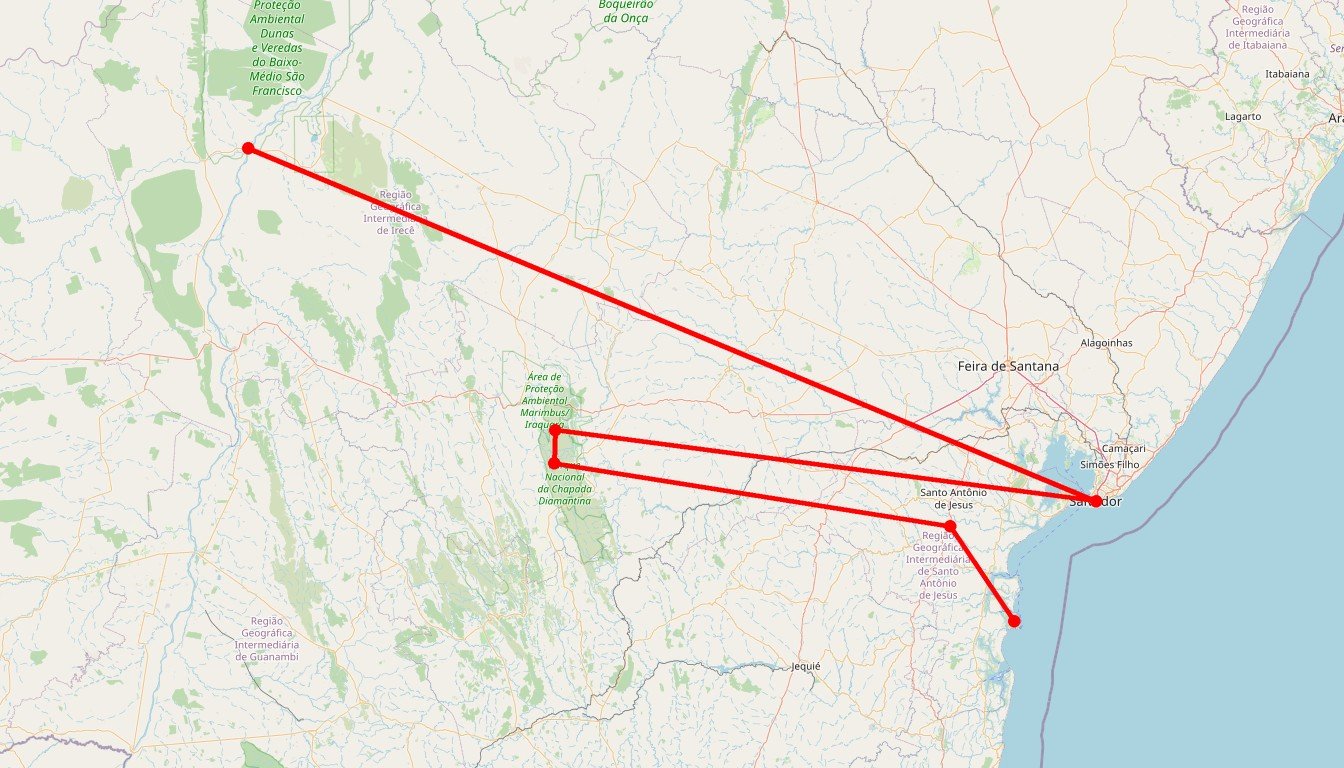 Carte de l'itinéraire du circuit Circuit Aventure complète : Salvador, Chapada Diamantina et île préservée de Boipeba en Brésil